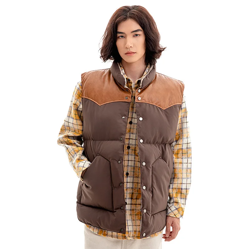 Men's Thickened Stand Collar Patchwork Cotton Vest Soft Warm Lightweight Sleeveless Cotton Jacket Winter Outerwear