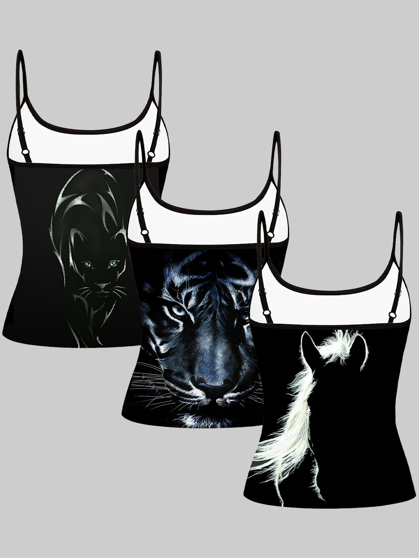 3-Pack of Dark Animal Print Camisoles for Women, Featuring Black Panther, Tiger, and White Horse Designs, Personalized Digital Print, Slim Fit, Sleeveless Inner Tops