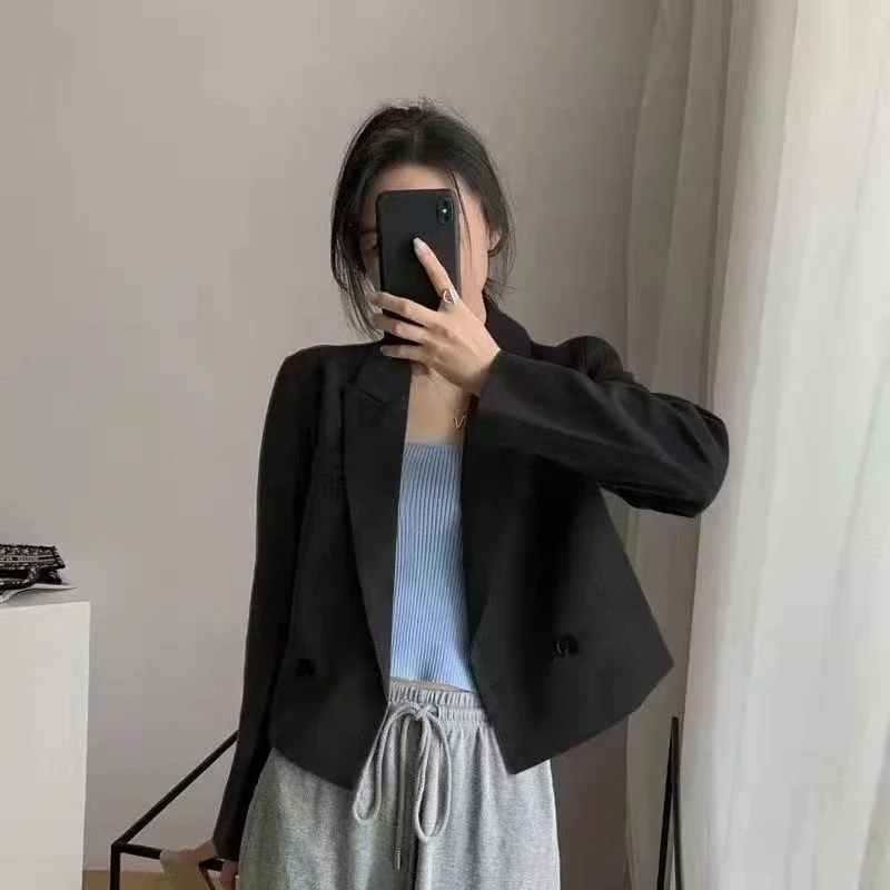 Blazers Women Korean Fashion Casual All-match Simple Solid Chic Profession Style Vintage Cropped Outwear Students Spring Basic