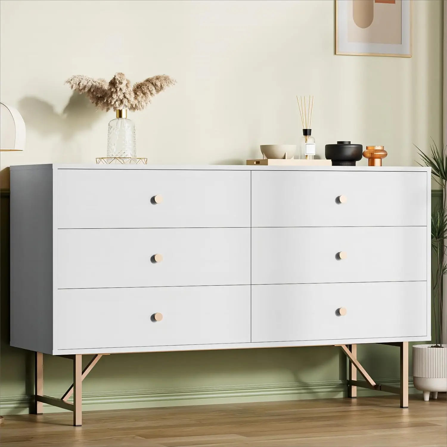 

Modern 6 Drawer Dresser for Bedroom, 53" Wide Wood & Chest of Drawers with Sturdy Metal Legs, Long Storage Dressers Organizer