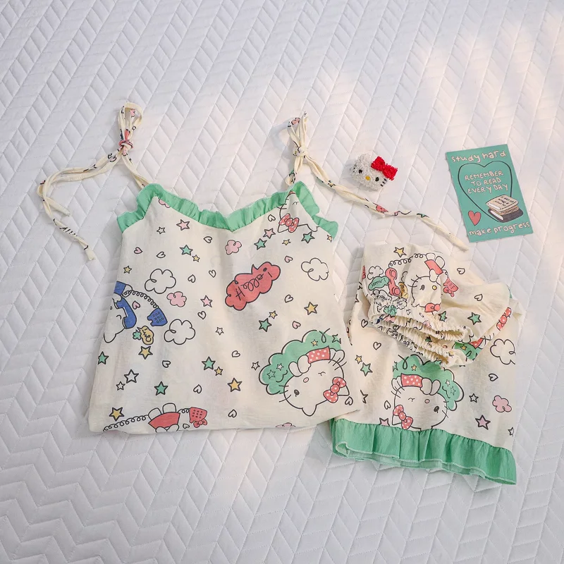 Cartoon Hello Kitty Pyjama Zomer Katoenen Jarretelshorts Tweedelige Set Casual Damespyjama 'S Met Borstkussentjes Loungewear Set