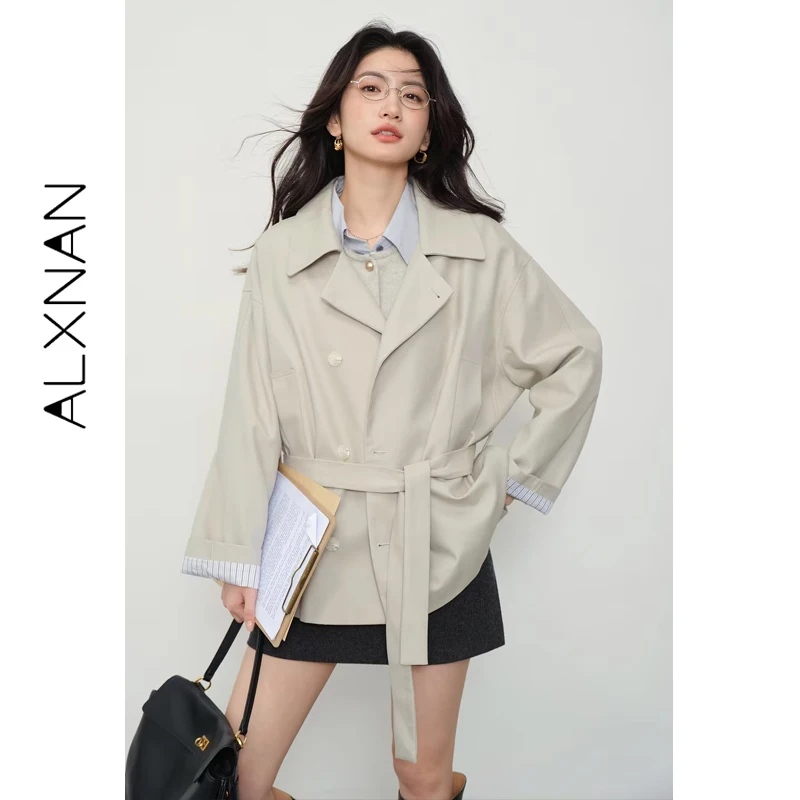

ALXNAN бежевый короткий плащ женская мода свободная куртка в полоску с манжетами осень элегантное повседневное офисное женское пальто с поясом L57565