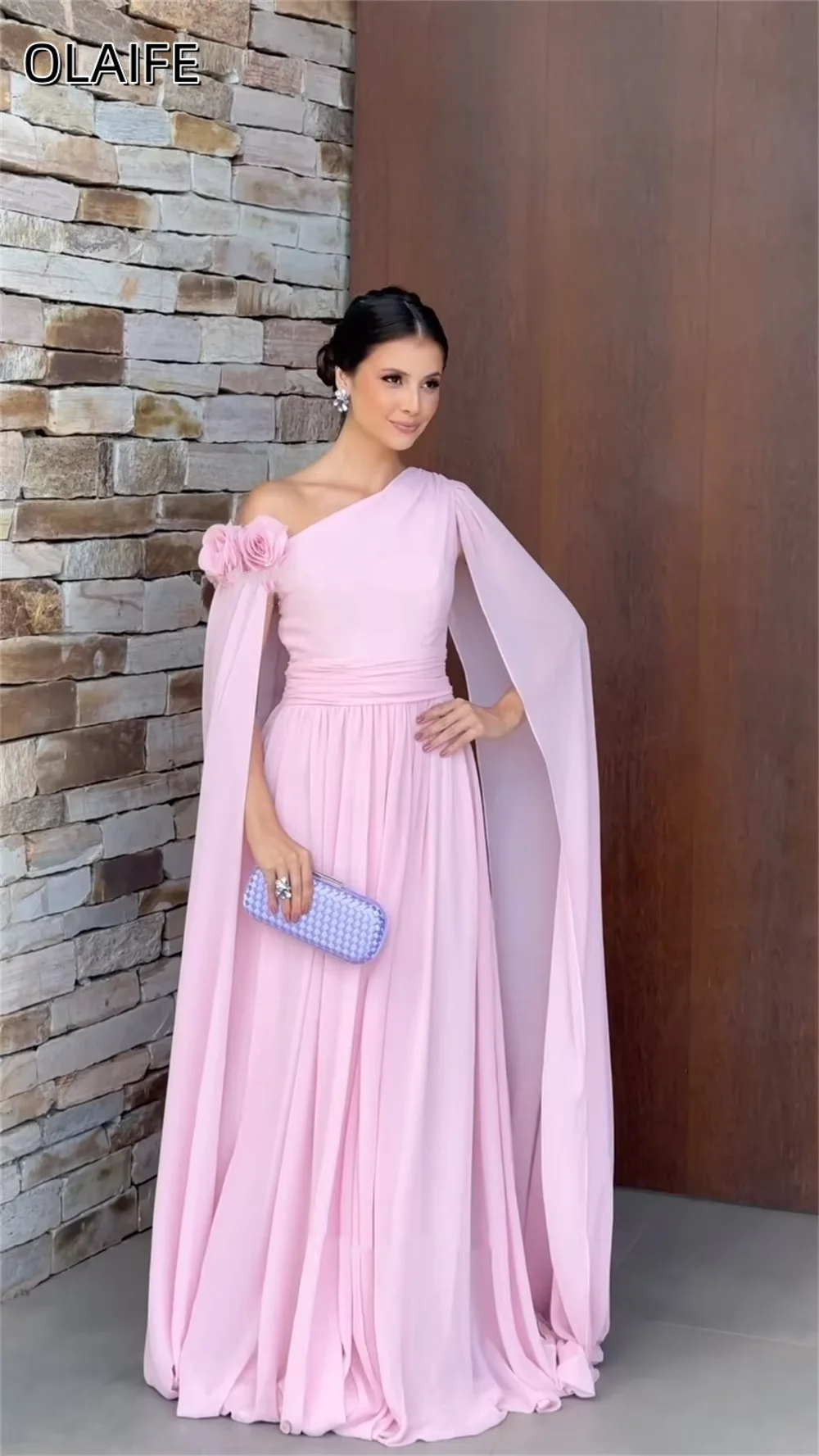 Elegante chiffon flor a linha de um ombro manga capa rosa personalizado vestidos de baile trem varredura estilo moderno robes de soirée