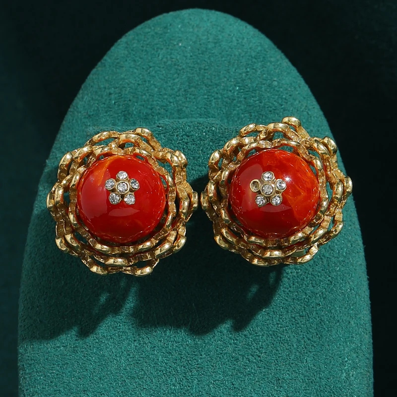 

Vintage Red Round Earrings Stud Natural Stone Wedding Accessories Gold Color Luxury Designer For Woman High Quality Jewelry 2026