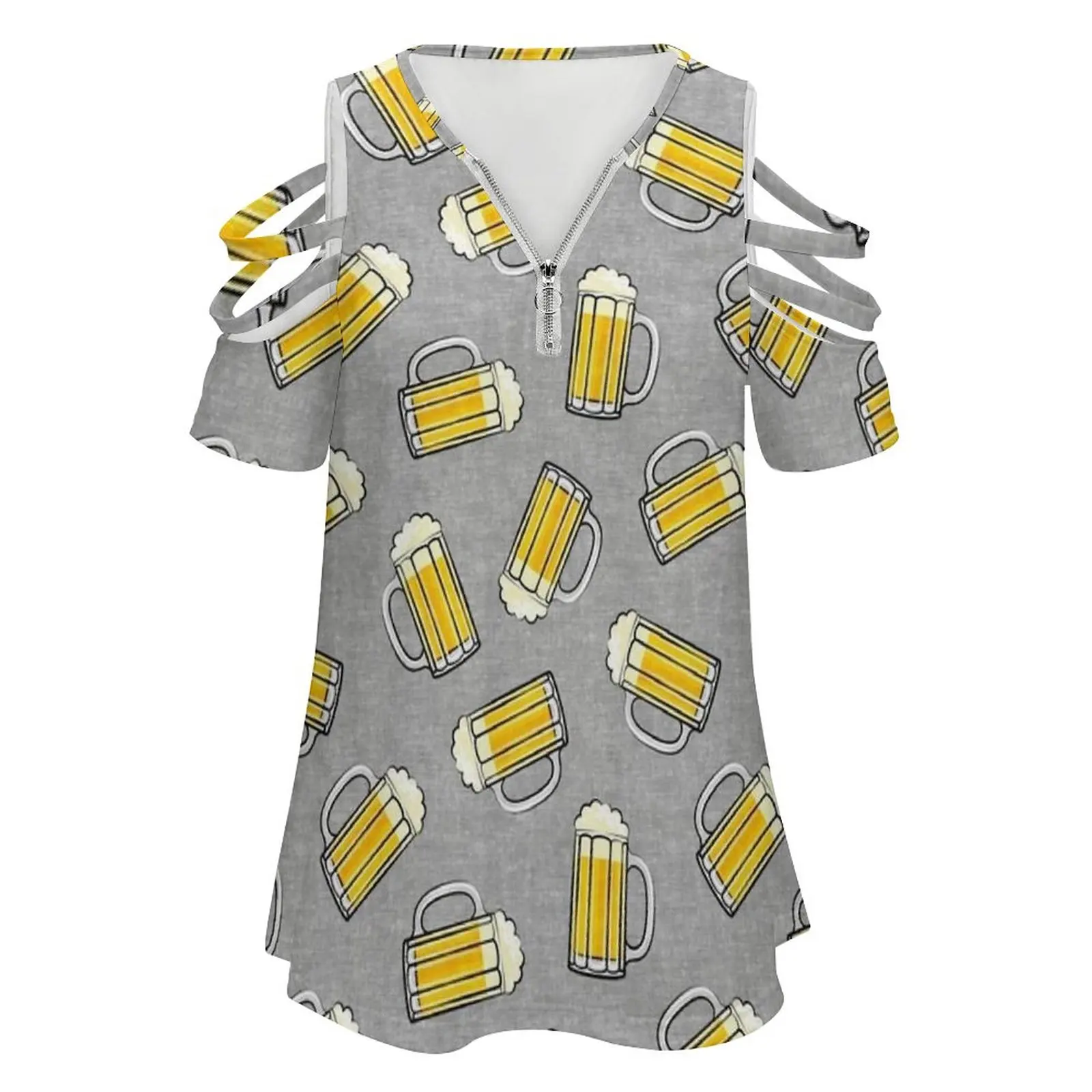 Beer Mug-Grey New Fashion Zip Off Shoulder Top Short-Sleeve Women Shirt Beer Large Beer Draft Beer Beer Glass Little Arrow St