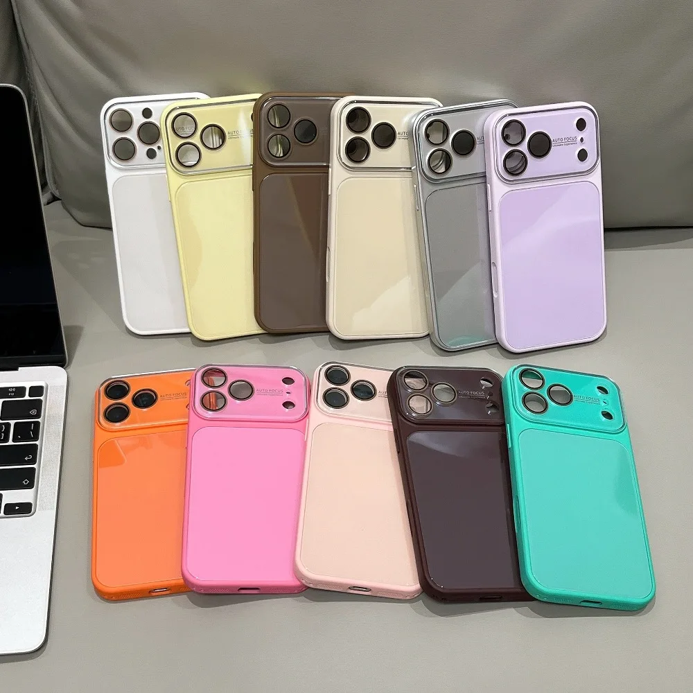 

Simple Solid Color Tempered Glass Phone Case for iPhone 14 15 16 17 Pro Max with Protective Cover