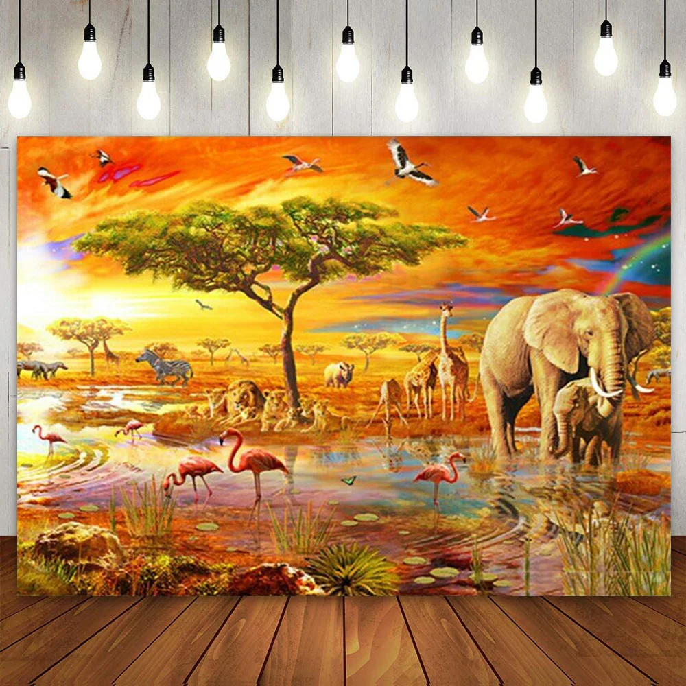 Tropical Rain Africa Forest Elephant Backdrop Photography Background for Kids Child Boys 1st First Birthday Party Decoration