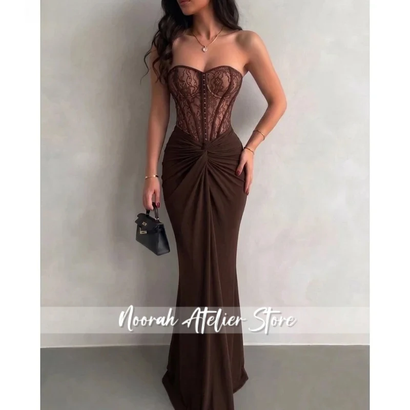 Customized Brown Strapless Lace Corset Mermaid Maxi Dress Front Twist Ruched Skirt Floor Length Formal Evening Party Gown