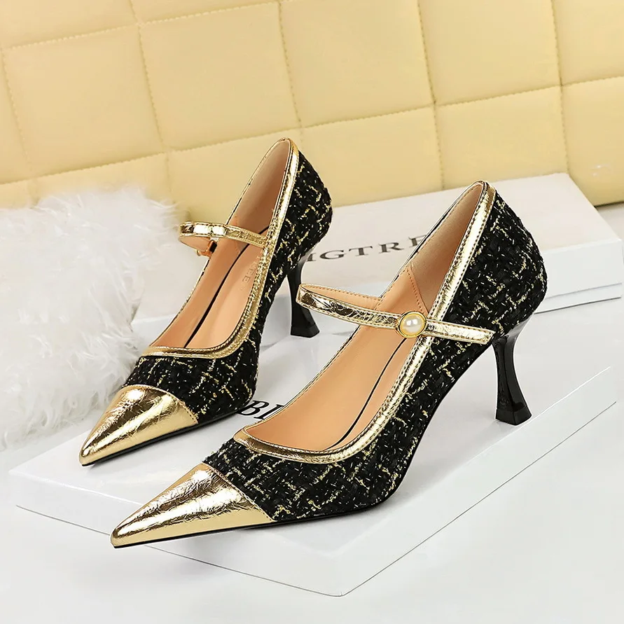 French style high heels slim heels light cut color blocking pointed fashionable women's shoes