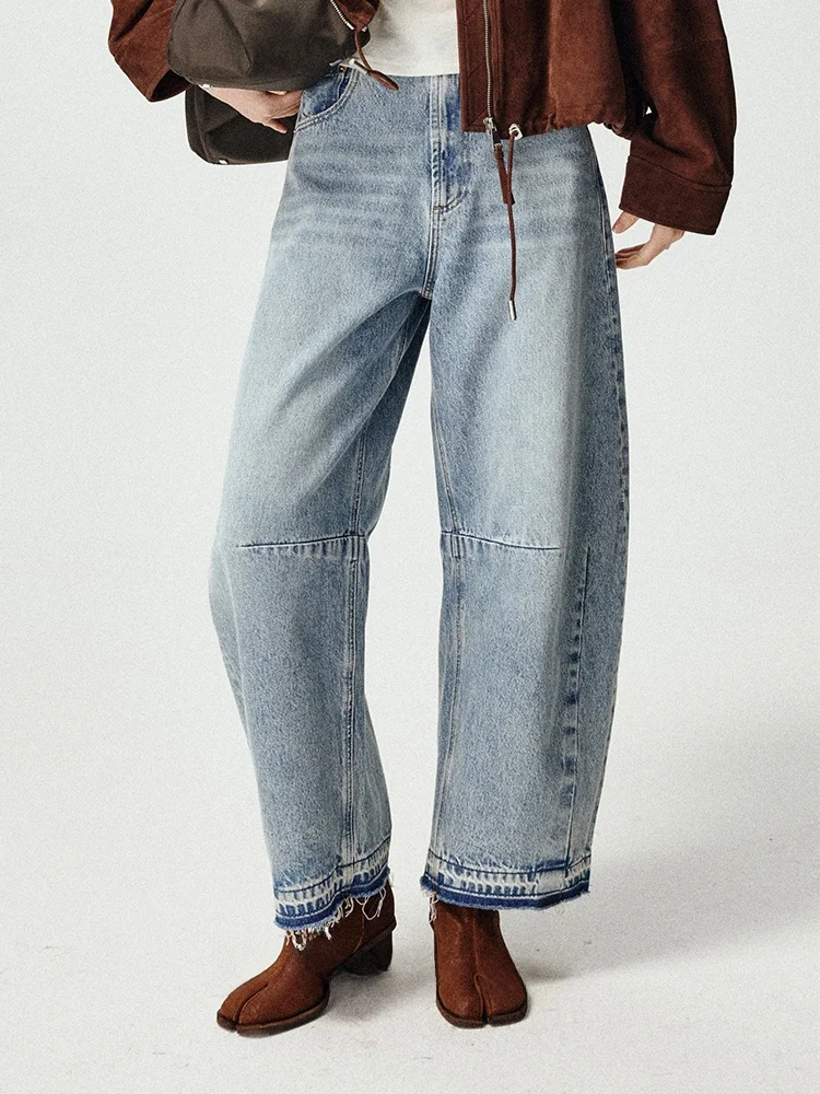 

UMILAB Secret Wildern High Waist Cotton Denim Jeans Banana ape Frayed on Form Straight Leg Blue Jeans for Women