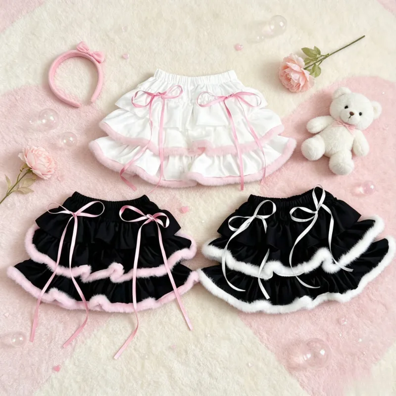 HOUZHOU Women Cutecore Kawaii Mini Skirt White Pink Black Fur Trim Ruffle Tiered Skirt Sweet Bow Elastic Waist Y2K Short Skirt