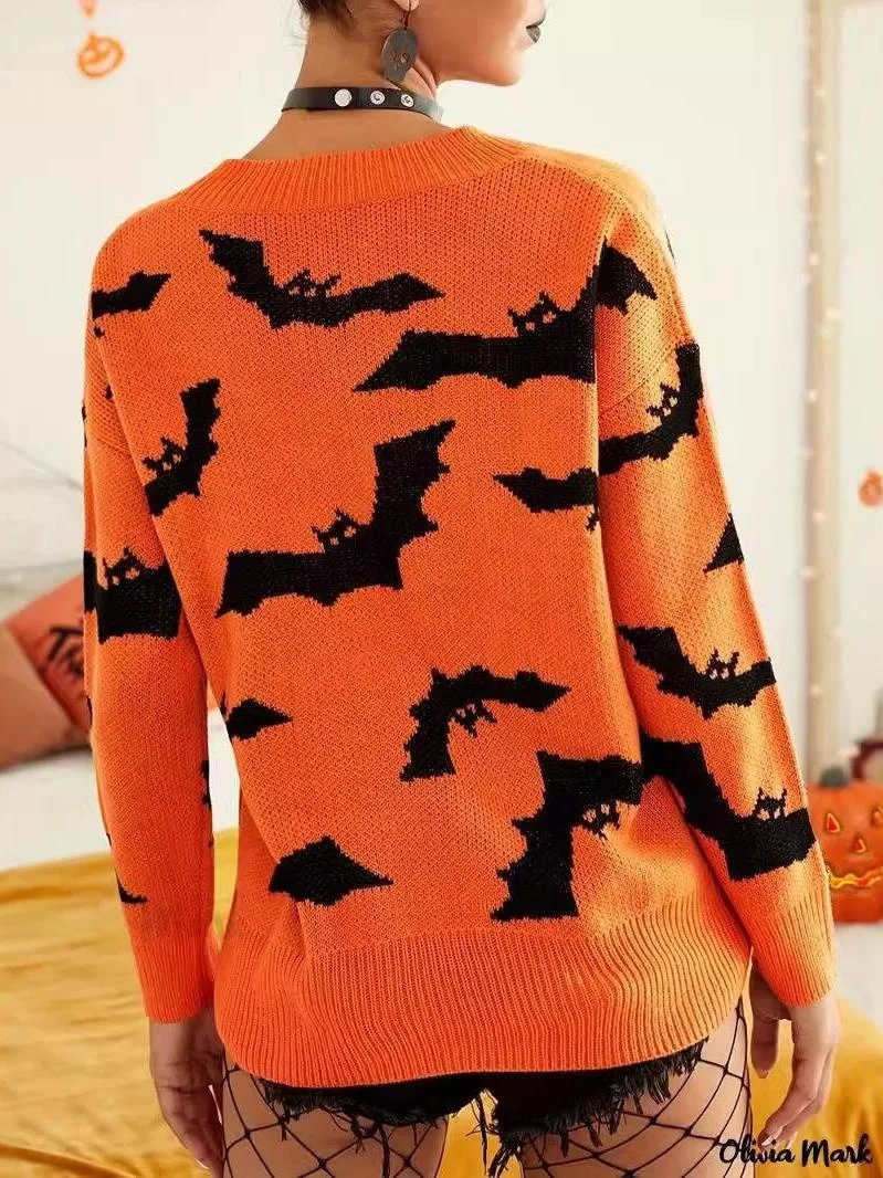 

Halloween Knitted Sweater Long Flower Pattern Women's Loose Fit Pullover Top Polyester Fiber Thin Long Sleeve Winter Fashion