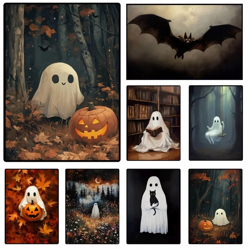 Cute Ghost Wall Art Print Vintage Halloween Poster Funny Ghost Portrait Spooky Witch Canvas Art Gothic Home Decor Digital Print