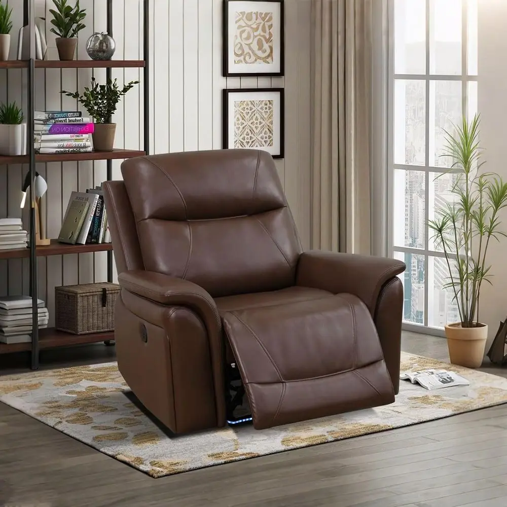 

Brown Leather Reclining Chair with Single Recliner and Charging Feature for Home Theater or RV