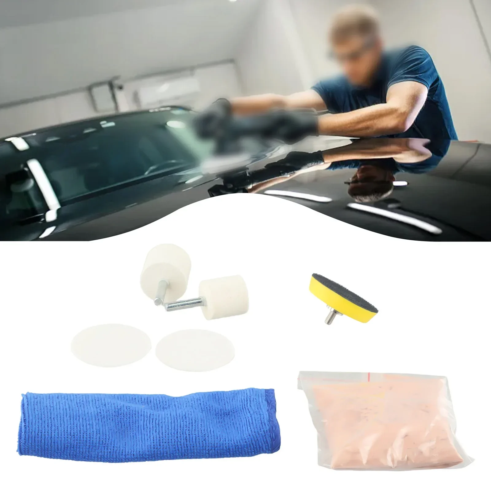 Kit per lucidare il vetro del parabrezza Dispositivo per la rimozione dei graffi del parabrezza dell'auto 50g Polvere per lucidare il vetro della ruota di lana con ventosa all'ossido di cerio