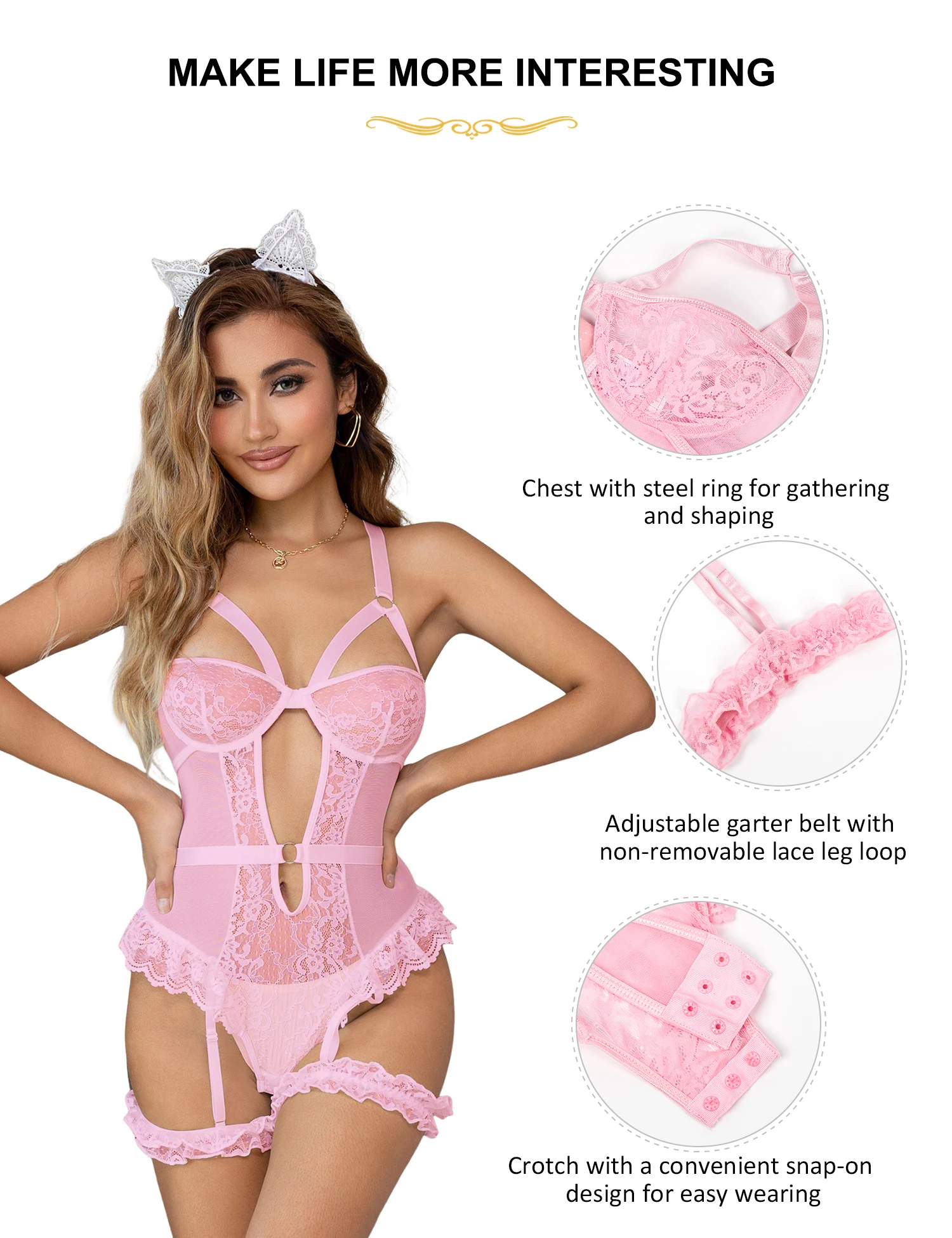 Comeondear Pink Bodysuits Women Erotic Leotard Sexy Jumpsuit Lingerie Sweet Curvy Pajamas Strappy Teddy Lingerie With Leg Loops