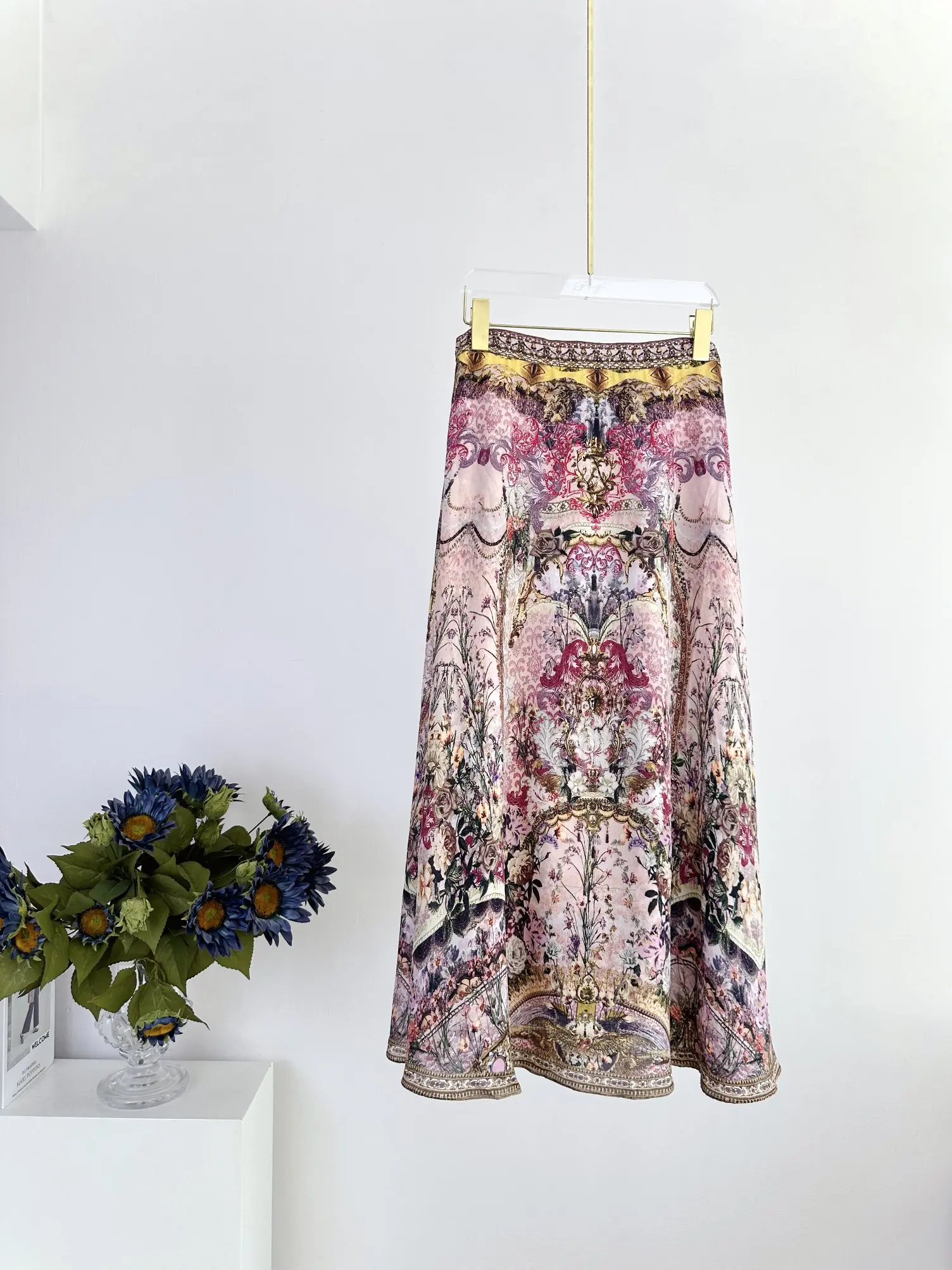 EVACANDIS 100% Real Silk Women Autumn Winter New Runway Designer Printing Midi Skirt Bohemian Bottoms Vintage Sweet Chic Luxury