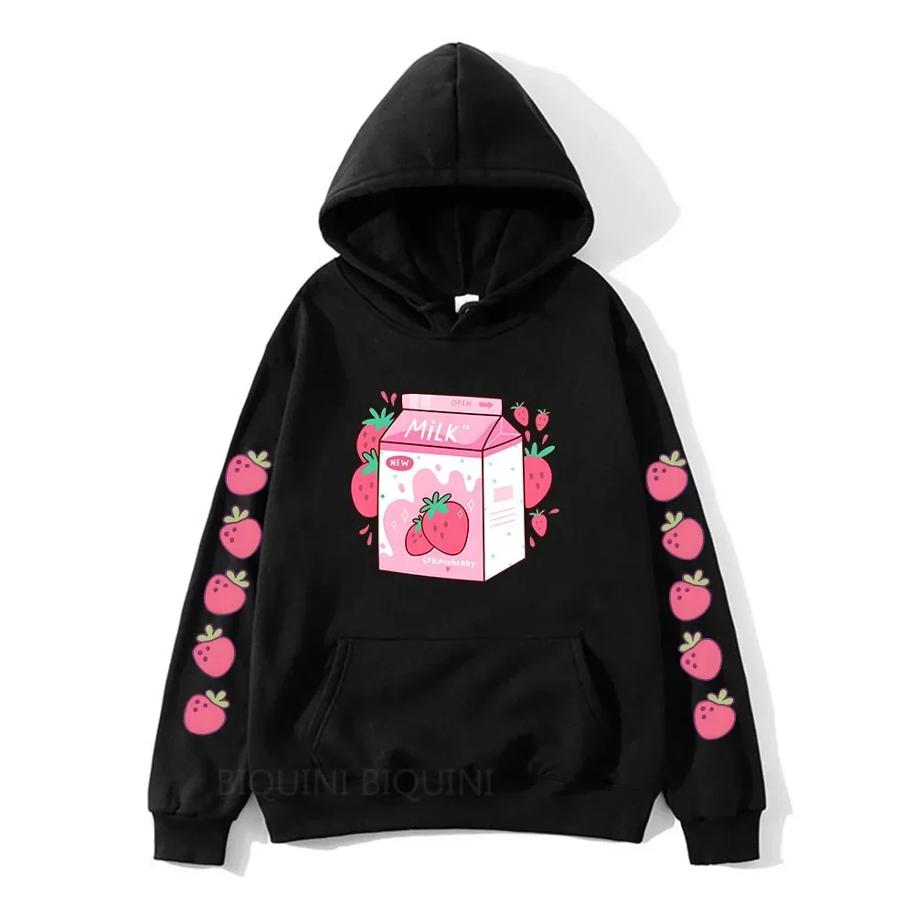 

Cartoon Strawberry Milk Cute Printed Clothing Women Hoodies Plus Size Sweatshirt Aesthetic Trendy Female Winter Warm Streetwear