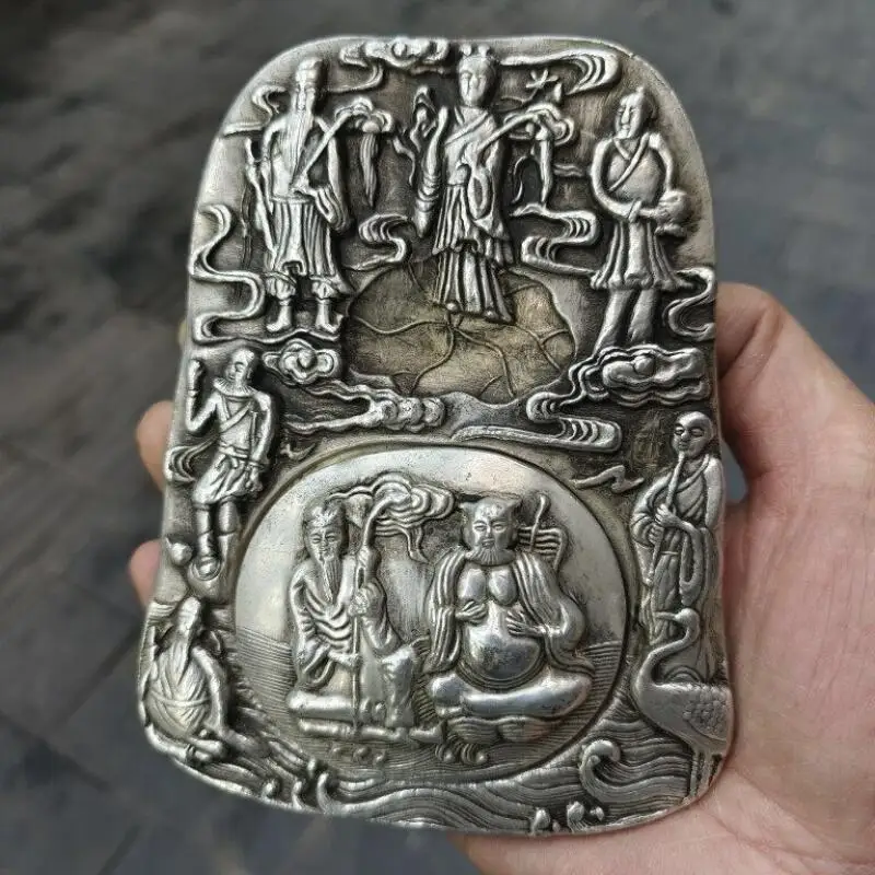 Antique Copper Silver Plated Collection Eight Immortals Crossing the Sea Inkstone with Lid Vintage Stationery Supplies Ornament