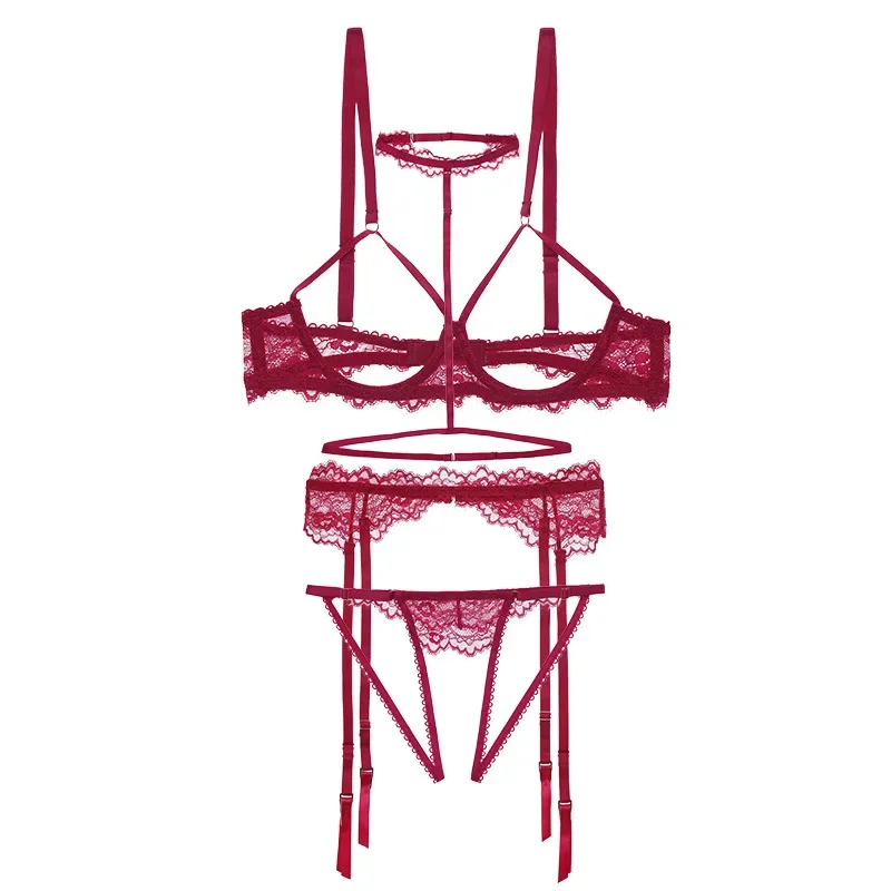 

Сексуальное женское белье, кружевной бюстгальтер, полая стальная поддержка, комплект нижнего белья из четырех предметов, подвесной пояс на шею, открытые трусики