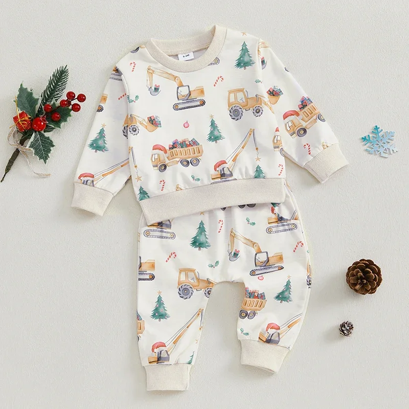 2024-07-27 Lioraitiin Toddler Boys Christmas Outfits Truck Print Long Sleeve Sweatshirts Long Pants 2Pcs Fall Clothes Set