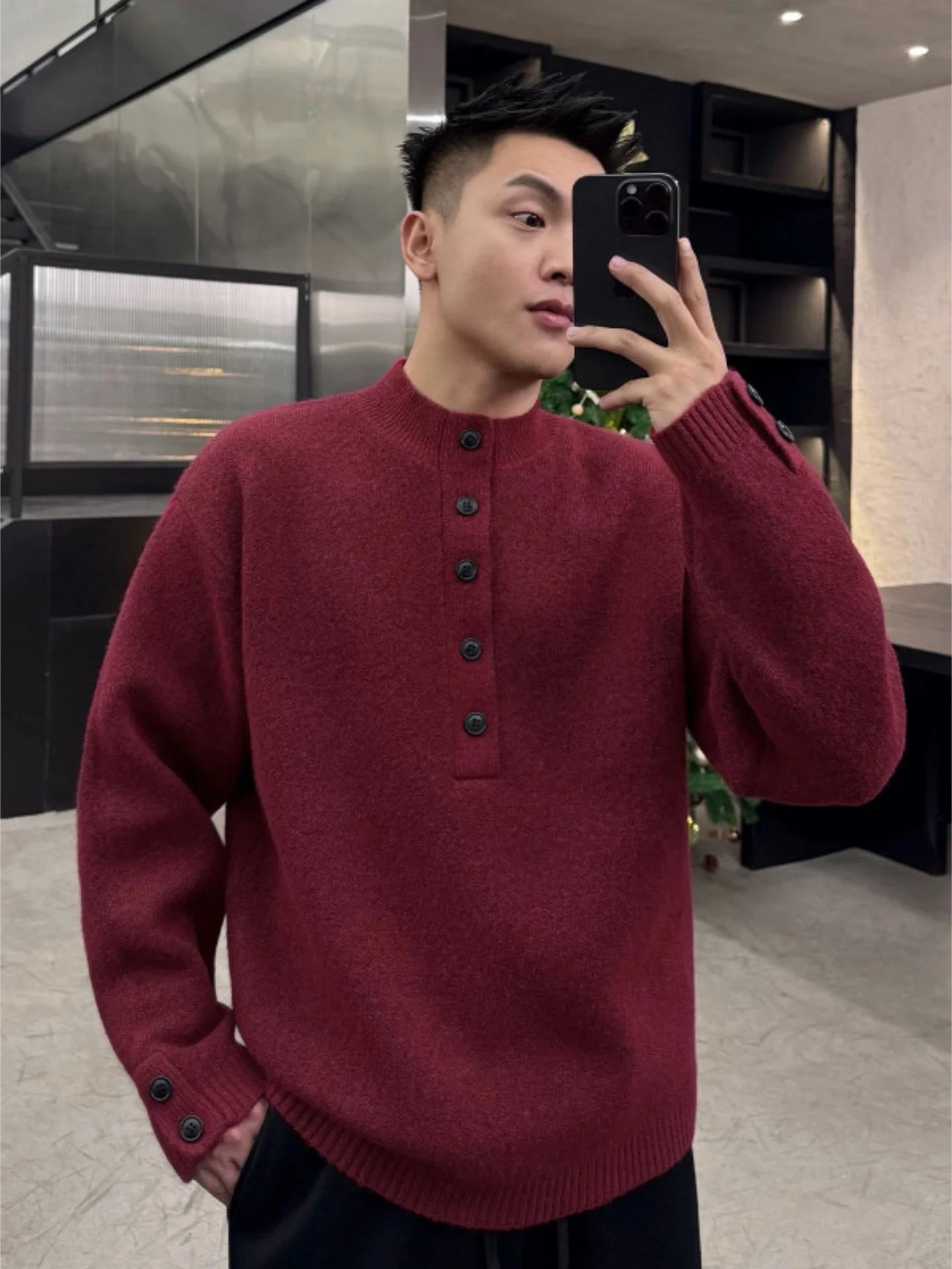 

Мужской вязаный свитер-пальто с воротником «Генри», свободного кроя, утепленный, красного цвета, модный зимний, с длинными рукавами, базовая модель