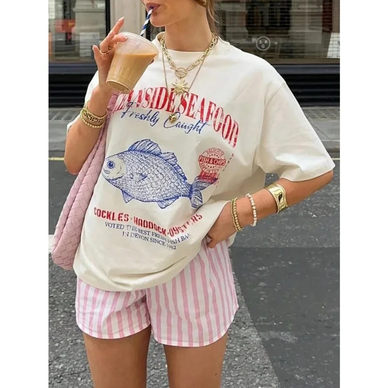 

Seafood Graphic Tee Aesthetic Streetwear O Neck Cotton T Shirts Fashion Women Vintage Tee Blouse New Ins 2025 Vacation Tops