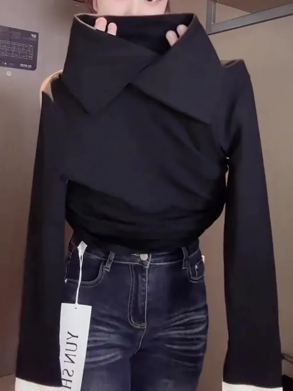 

Elegant Long Sleeve Black Slim Fit Shirt Women's Inner Wear Top Korean Style Commute Fashion Winter New Arrival