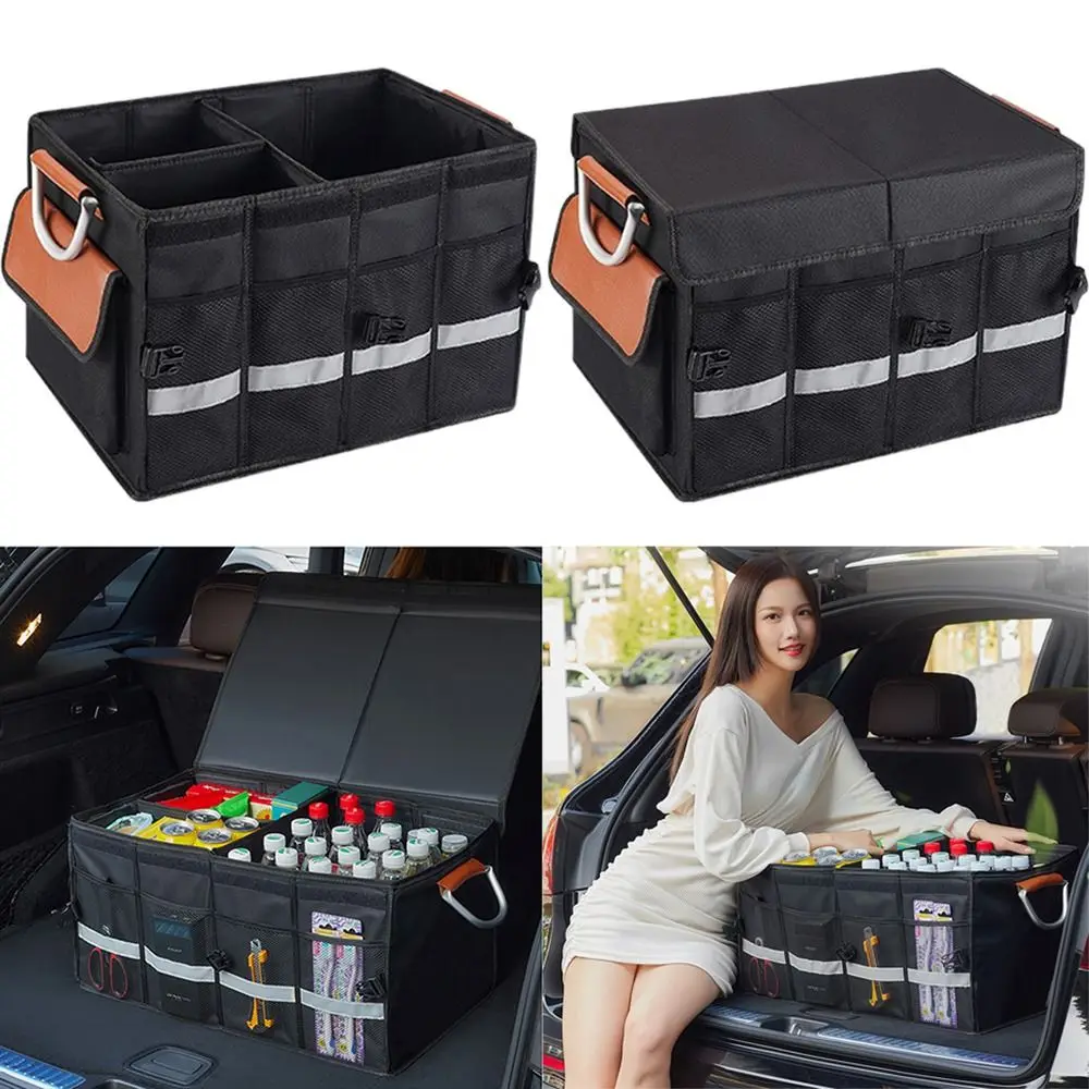 Collapsible Trunk Storage Organizer Lid Reflective Strip Car Storage Box Aluminium Alloy Handle Multi-Compartment