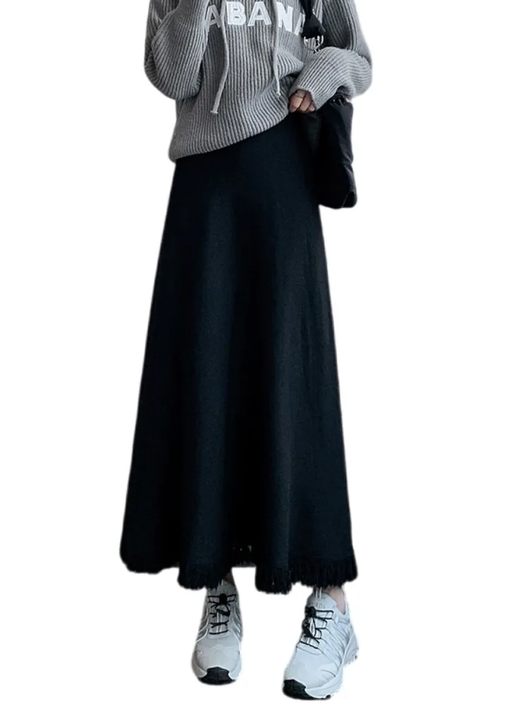 하이웨이스트 니트 태슬 스커트 여성용 가을 겨울 신상 달콤한 스타일 폴리에스터 섬유 수제 플리츠 A라인 스커트