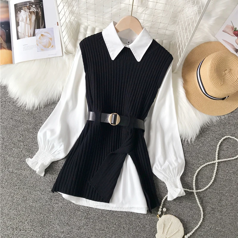 

Autumn Winter Two Pieces Suits Simple White Long Sleeve Loose Blouse+ Vintage Knitted Split Vest Fashion Female Outfits