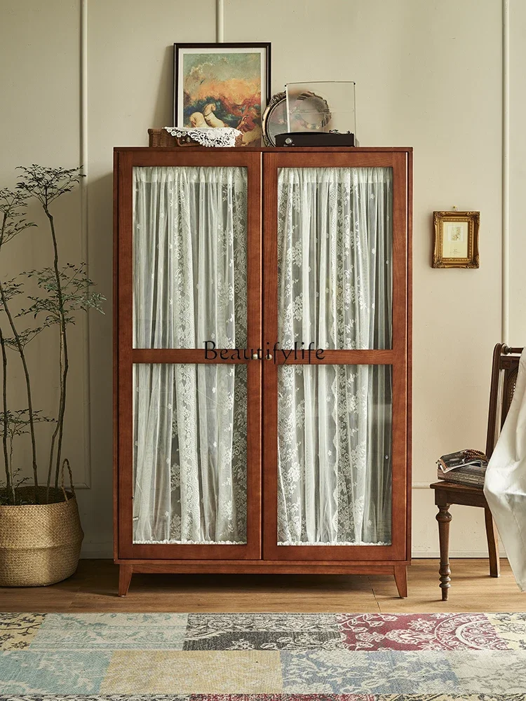 

French solid wood retro cabinet, bedroom clothes hanging large capacity cabinet, double door gauze curtain glass cabinet