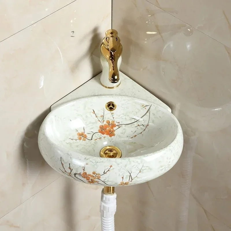 & Ceramic Corner Triangle Wall Mounted Small Bathroom Sink Space Saving Hanging Washbasin Color Home Decor Design Wash Basin - view 5