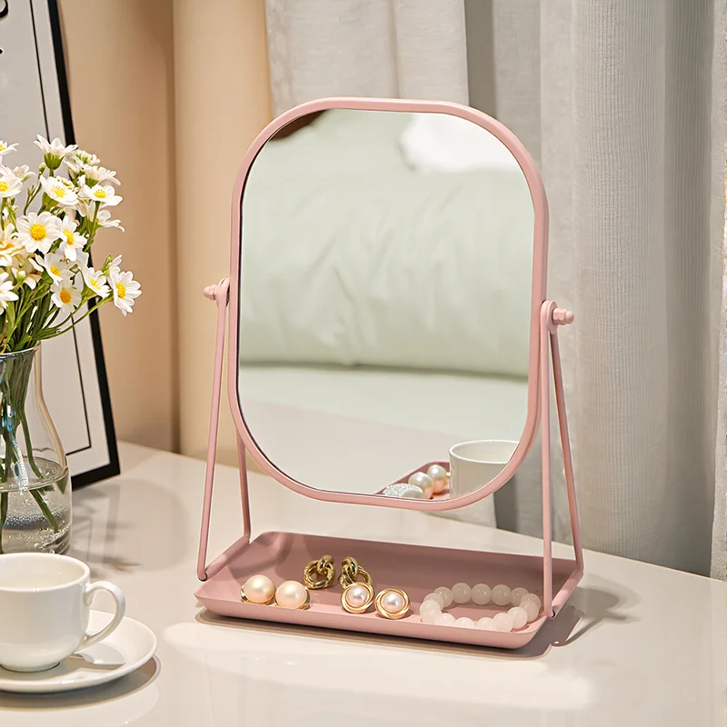 Metal Makeup Mirror with Storage Shelf - HD Desktop Vanity Mirror with Organizer Tray for Cosmetics & Jewelry