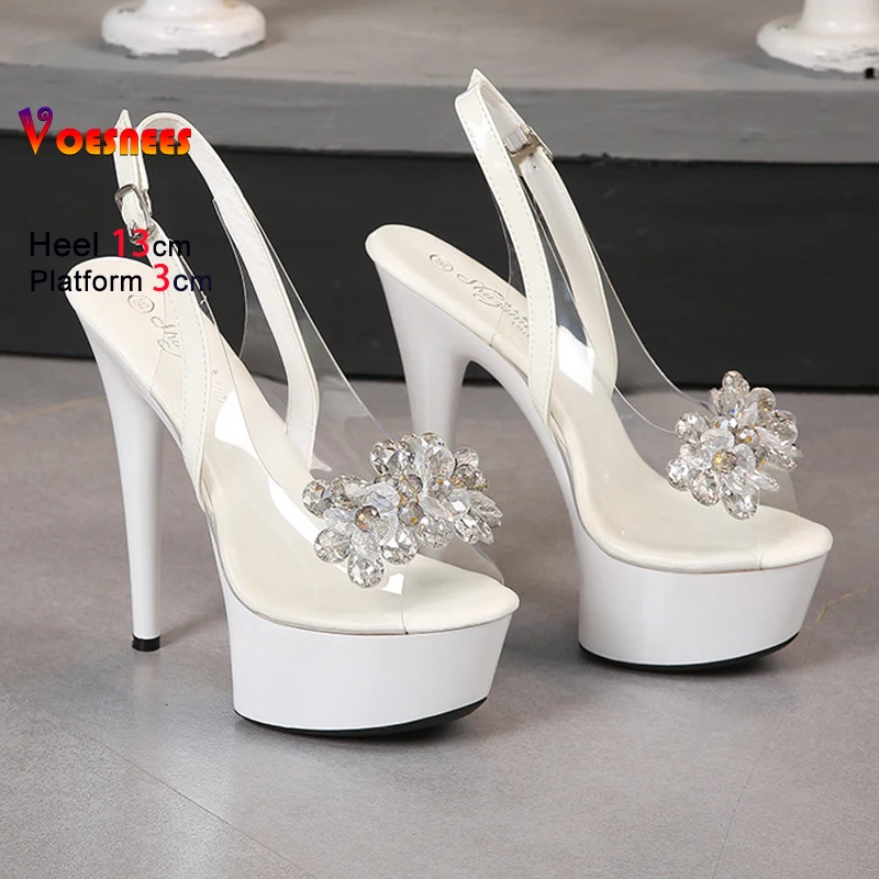 Sandalias con punta abierta de 13CM para mujer, zapatos sexis de pasarela de PVC transparente con talón descubierto, plataforma de lujo con diamantes de imitación para fiesta, tacones altos