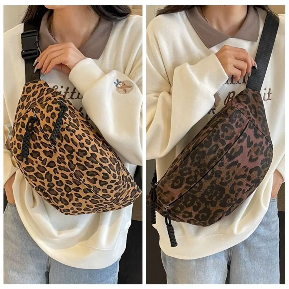 Large Capacity Leopard Print Chest Bag Zipper Multi Functional Canvas Waist Bag Adjustable Strap Fanny Pack Sports Shoulder Bag