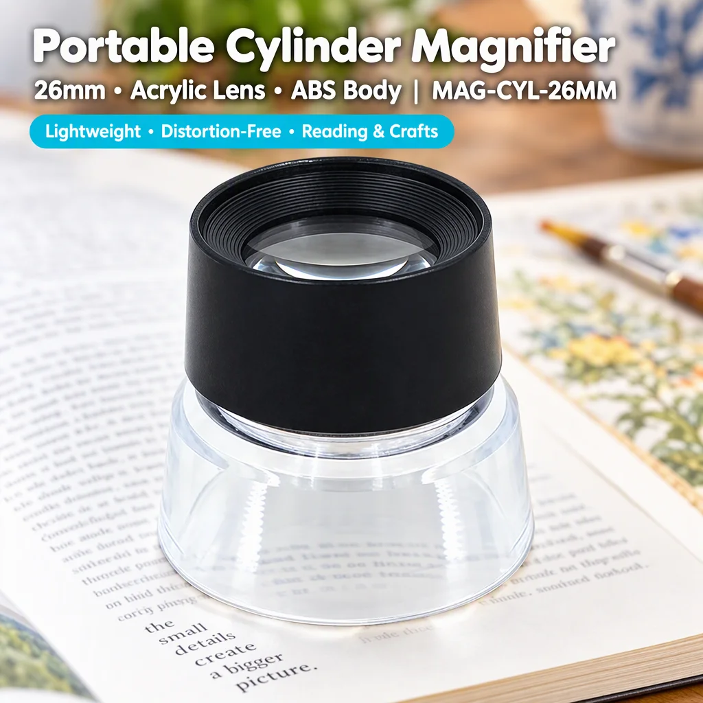 High Power 26mm Acrylic Cylinder Magnifier Black ABS Desktop Magnifying Glass for Reading Crafts Inspection Small Details