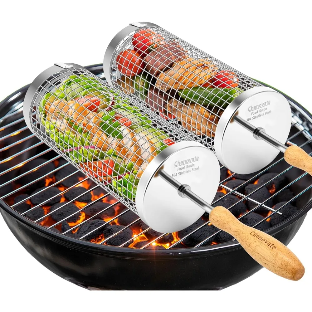 

Корзины для гриля (2 шт.), съемная деревянная ручка, нержавеющая сталь 304, аксессуары для барбекю, инструменты для овощей, креветок, мяса, Ourdoo