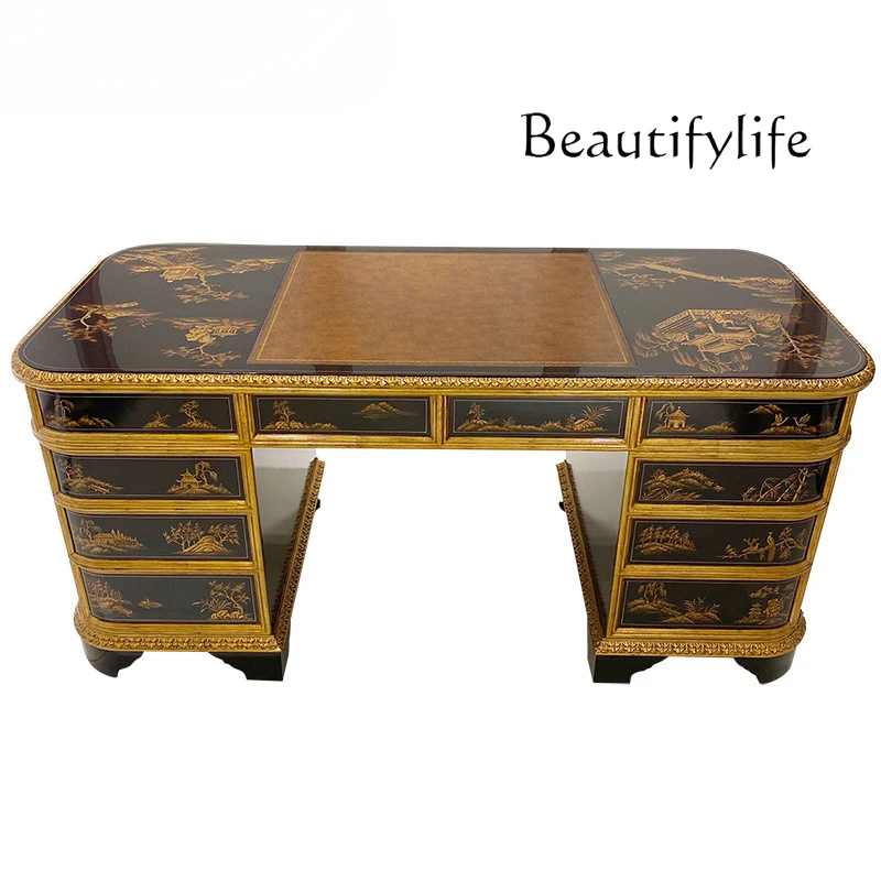 

Hand-painted desk villa classical peach blossom core solid wood writing desk retro boss table president computer desk