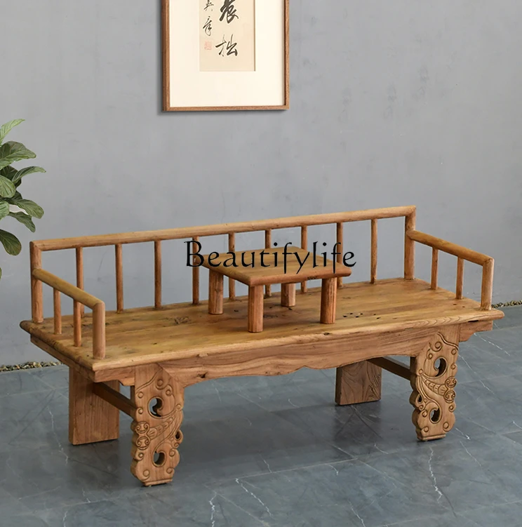 Old Elm Arhat Bed Solid Wood Sofa Old Wood Rohan Couch Antique Imitation Chinese Style Bench Buddha Chair