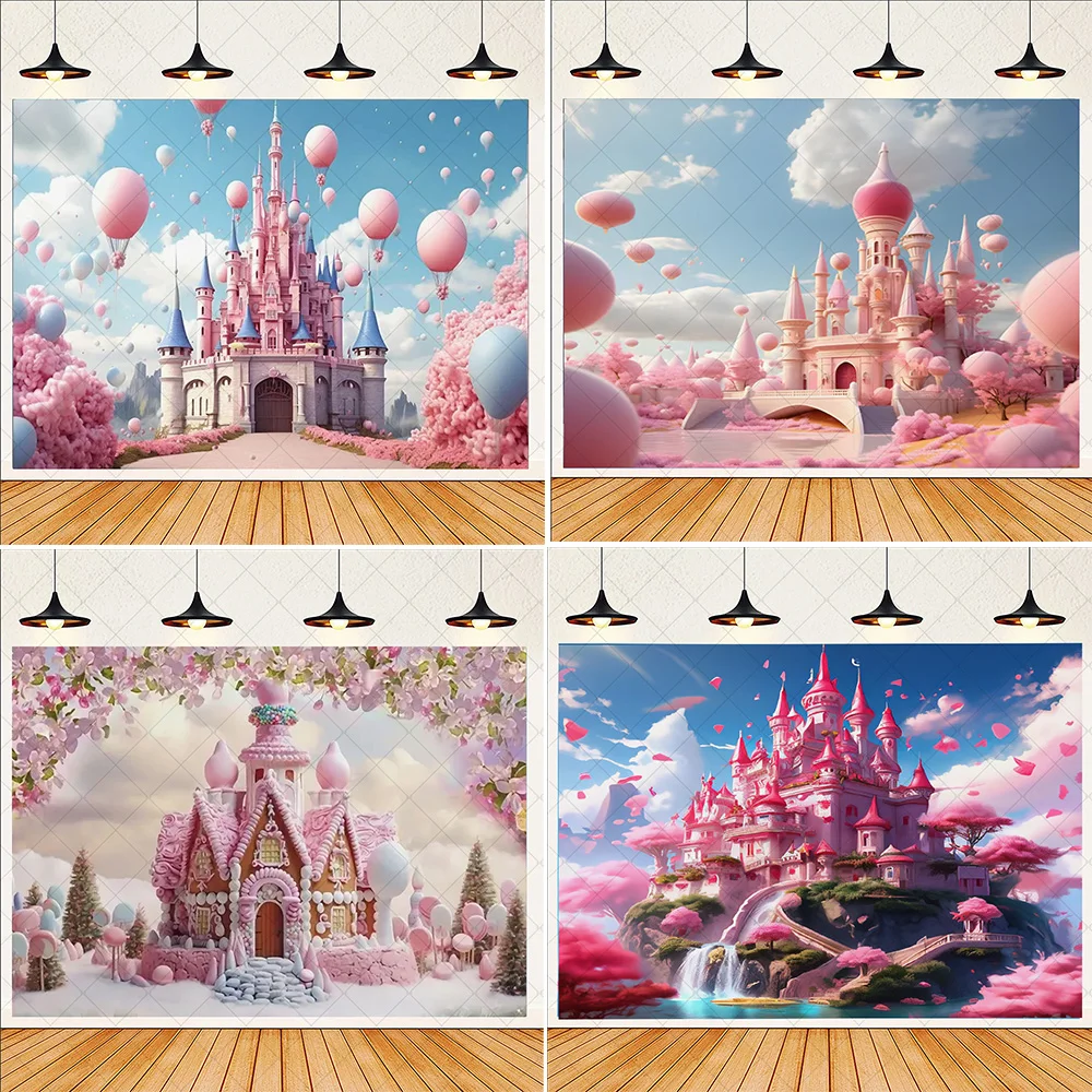 

Pink Castle Photo Theme Backgrounds Hot Air Balloon Backdrop Party Decoration Children Baby Shower Supplies Banner Poster Props