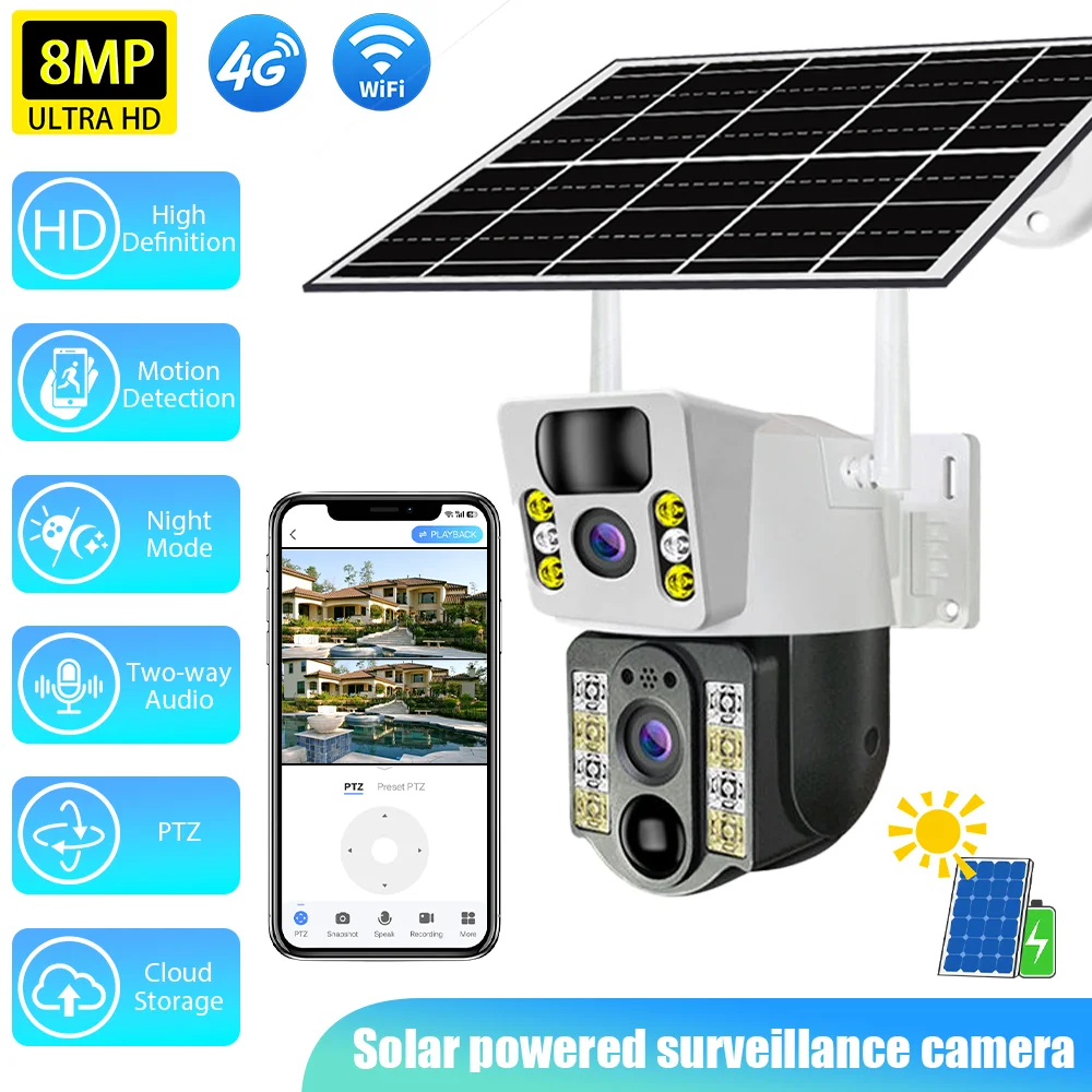 

8MP Solar Powered Dual Lens HD Surveillance Camera Outdoor 360° View CCTV PTZ Security Camera Sound‑Light Alarm Motion Tracking