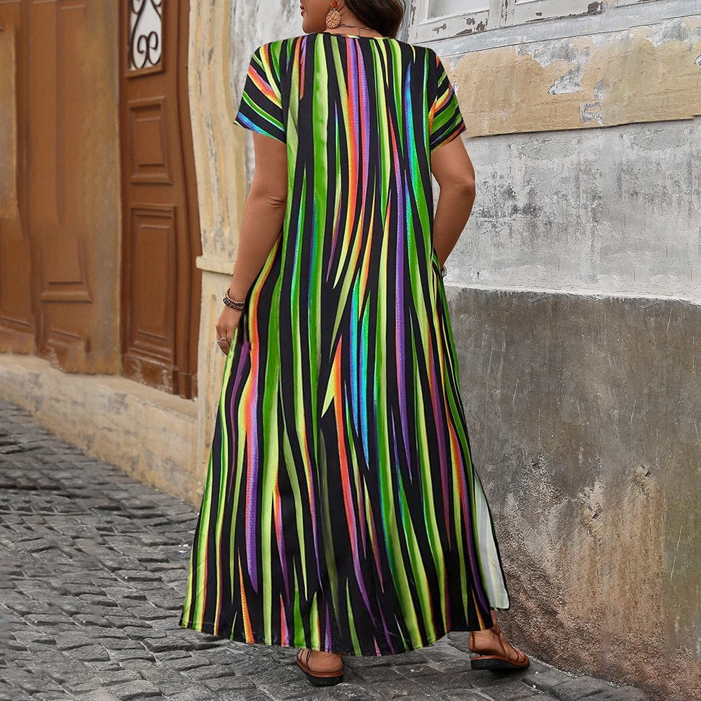 Nowe sukienki damskie Plus Size Casual Loose Rainbow Stripe Printed V-neck Dress Fashion Short Sleeve Pullover Female Party Dress