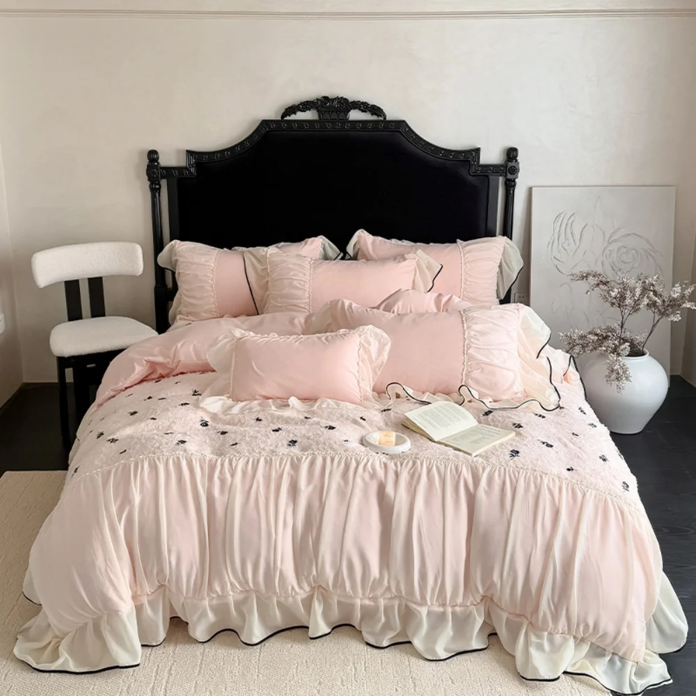 

Princess Style Duvet Cover Set Rose Embroidery Bed Cover Lace Ruffles Bed Sheet Pillowcase Soft Bedding Set Decor Gift for Home