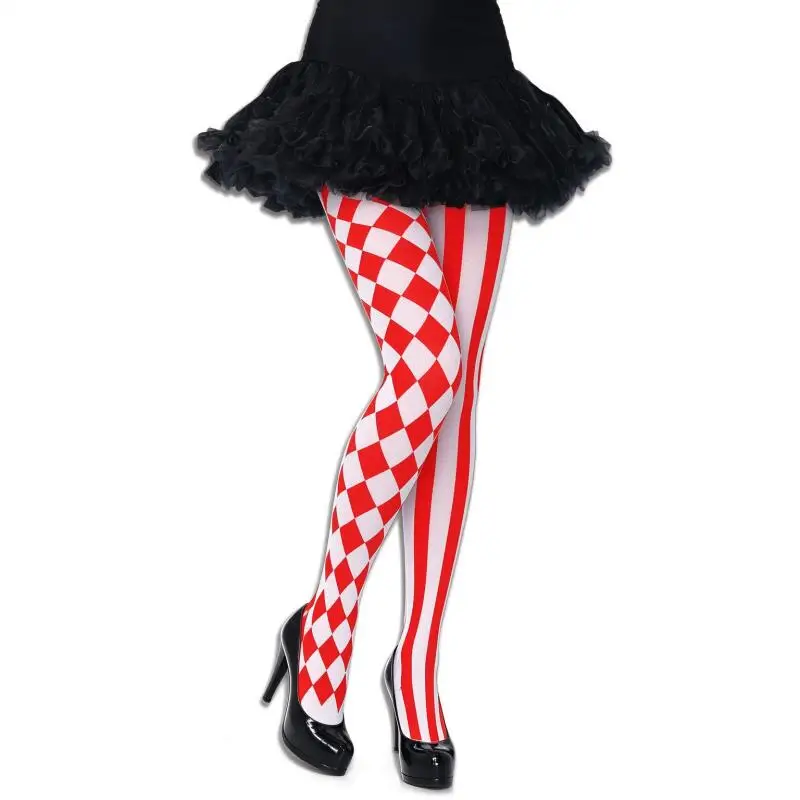 Asymmetric Tights Red Black White Diamond Striped Clown Cosplay Stockings Gothic Punk Lolita Leggings Halloween Accessories