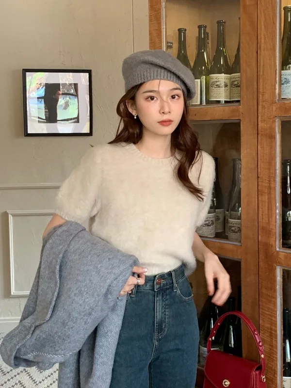 

Корейский пушистый ort Sve вязаный базовый свитер женский весенний Новое поступление мягкий возрастной трикотажный топ