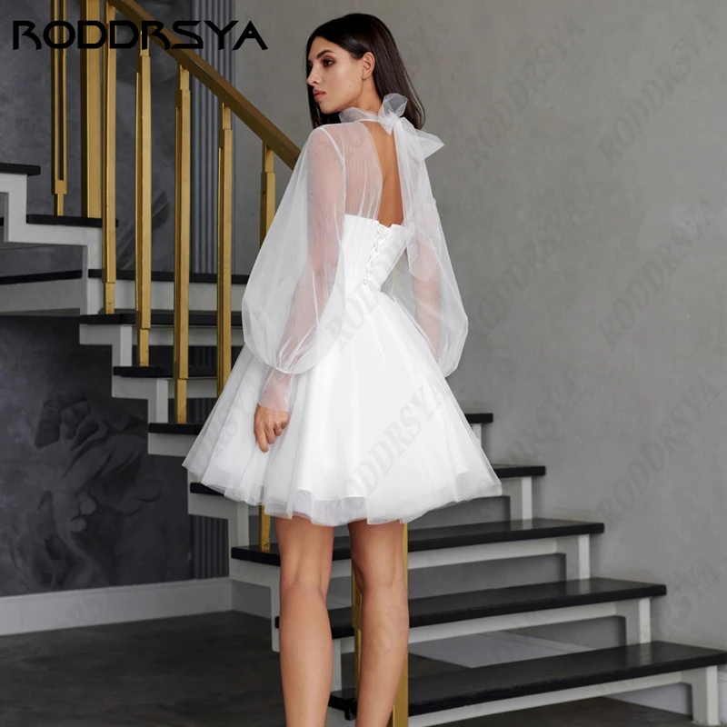 RODDRSYA Mini Wedding Dress For Women Romantic Tulle Long Fuff Sleeve Bridal Party Elegant Halter Backless Vestido De Noiva