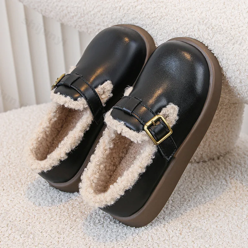 Children Plush Small Leather Shoes Fashion Buckle Girls Shoe 2024 Winter New Warm Cotton Shoes Kids Loafers Toddler Casual Shoes