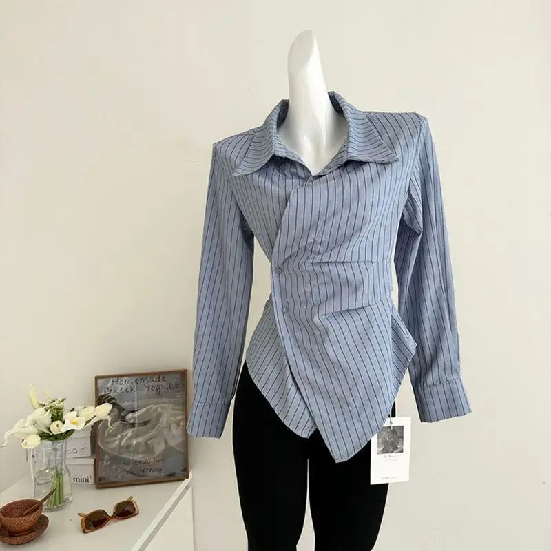 

Style Women Striped Blouse Elegant Vintage Long Sleeve Shirt Slim Fit Button Up Top Irregular White Chic Casual Office Wear