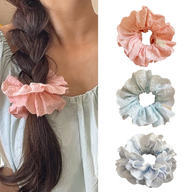 Women Bow Embroidery Double Layer Elastic Hairband French Style Large Hair Scrunchy Bobbles Fashion Hair Scrunchies Daily Wear